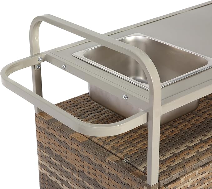 Outdoor Bar Cart with Cabinet, 51.57" Patio Serving Cart with Steel Top, Built-in Ice Bucket, Side Basket & Lockable Wheels for Garden, Backyard & Poolside, Beige