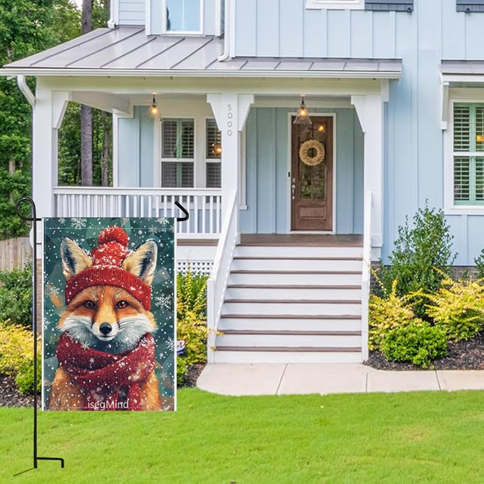 Fox with Red Scarf and Hat Snowflake Christmas Garden Flag, 28x40 Inch Double Sided Linen Holiday Red Winter Farmhouse Yard Outdoor Decoration (4324)