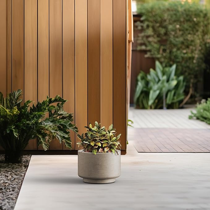 Kante 10 Inch Dia Concrete Planter, Round Pedestal Design Garden Pot for Indoor Outdoor Plants, Modern Flower Pot with Drainage Hole and Rubber Plug, Weathered Concrete