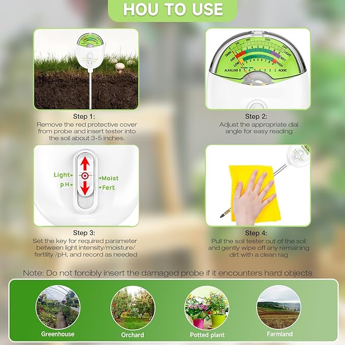 Sungramz Soil Moisture Meter for Plants, 4-in-1 Moisture/pH/Fertility/Sunlight Dial Display, pH Soil Tester for Garden, Lawn, Farm, Indoor & Outdoor Use, No Battery Required, White