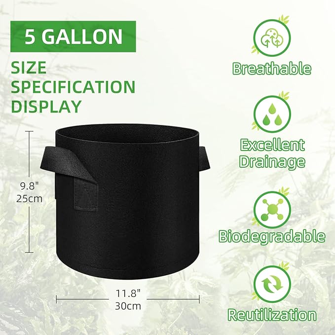 LITLANDSTAR 20 Pack 5 Gallon Plant Grow Bags, Breathable Felt Non-Woven Aeration Fabric Plant Grow Pots, Garden Planting Containers for Nursery Vegetable Flower Grow Bags with Handles (11.8x9.8inch)