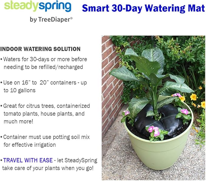 SteadySpring(R) Smart 30+Day Watering Mat Auto Refills with Rain for Tomato Plants, Peppers, Veggies, Perennials, Annuals in 1-2 Gallon Containers or with a 7 in to 10 in Root Ball (4)