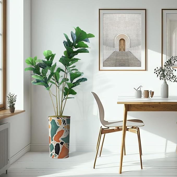 Artificial Tree in Modern Geometric Pattern Planter, Fake Ficus Lyrata Silk Tree for Indoor and Outdoor Home Decoration - 66" Overall Tall (Plant Pot Plus Tree)