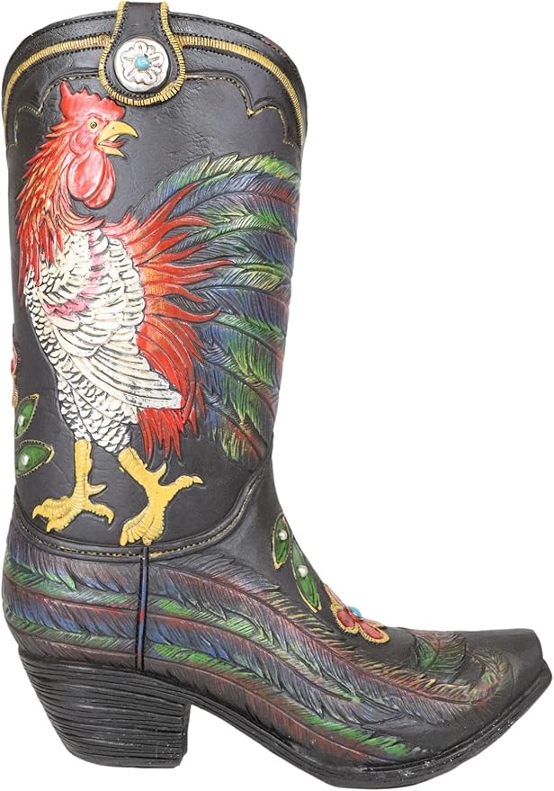 Ebros Gift Rustic Western Country White Breasted Rooster with Colorful Tail Feathers Faux Tooled Leather Cowgirl Or Cowboy Boot Decorative Flower Bouquet Vase Or Planter Figurine 10" H