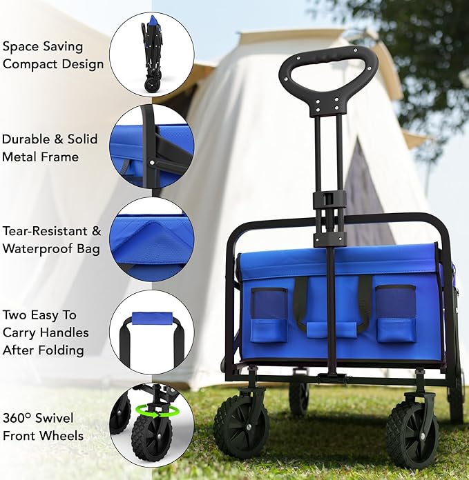 Lifetime Home Collapsible Foldable Heavy Duty Utility Wagon Cart with Larger Capacity - Perfect for Shopping, Sports Events, Grocery, Moving, Camping, Laundry, Beach - Blue
