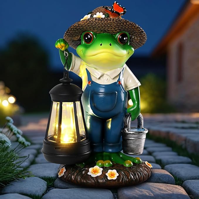 YHSOLAR Solar Garden Decor - Frog Statues with Lantern 9" Resin Solar Frogs for Outdoors Patio Yard Porch Lawn Balcony Decor Ideas Animal Lover Gardening Gifts for Women Mom Wife