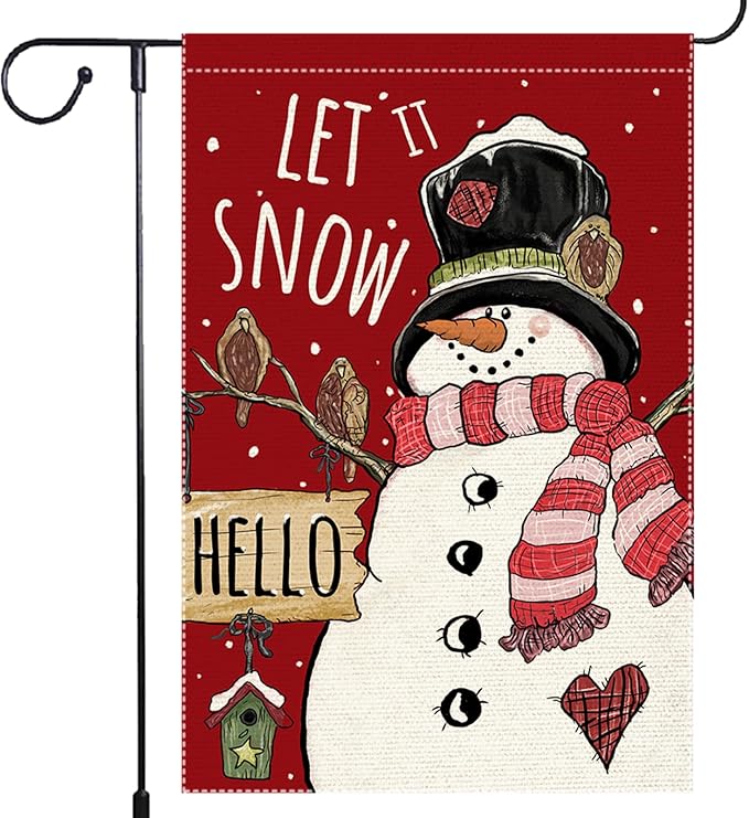 Let It Snow Snowman Snowflake Winter Christmas Garden Flag 12x18 Inch Double Sided Burlap, Cardinal Red Farmhouse Yard Outdoor Decorative Flag (RMQ46)