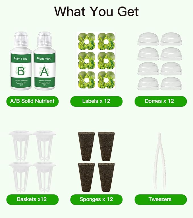 Seed Pods Kit for Hydroponics Growing System, Seed Starter Pods for Indoor Garden, Including 12pcs Grow Sponges, Grow Baskets, A&B Hydroponic Nutrients, Compatible with Idoo, QYO, LYKO, Square Shape