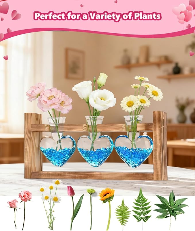 Nacome Plant Terrarium Propagation Stations: Valentines Day Gifts for Her Plant Lovers Women Mom Wife Daughter - 3 Bulb Glass Vase with Wooden Stand Tabletop for Hydroponics Indoor Office Home Decor