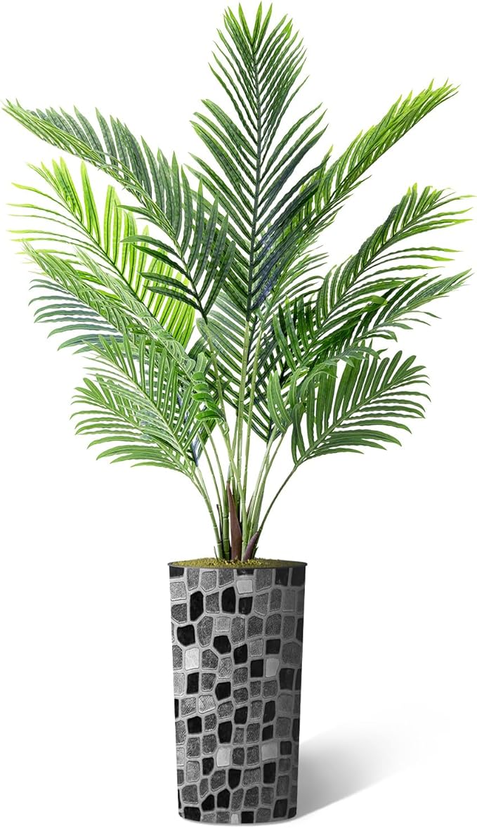 Artificial Tree in Modern Geometric Pattern Planter, Fake Areca Tropical Palm Silk Trees for Indoor and Outdoor Home Decoration - 66" Overall Tall (Plant Pot Plus Tree)