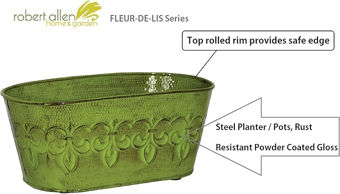 Robert Allen MPT01897 Fleur De Lis Series Metal Oval Planter Flower Pot, 10", Color Tansy Green