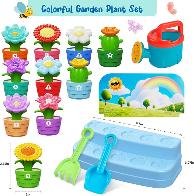 Montessori Flowers Garden Toy for Toddlers, Gardening Set with Watering Can, Shovel, Rake, Shape & Color Sensory Toys, Educational Preschool Learning Toys, Gifts for Baby Girls Boys Ages 1 2 3 4