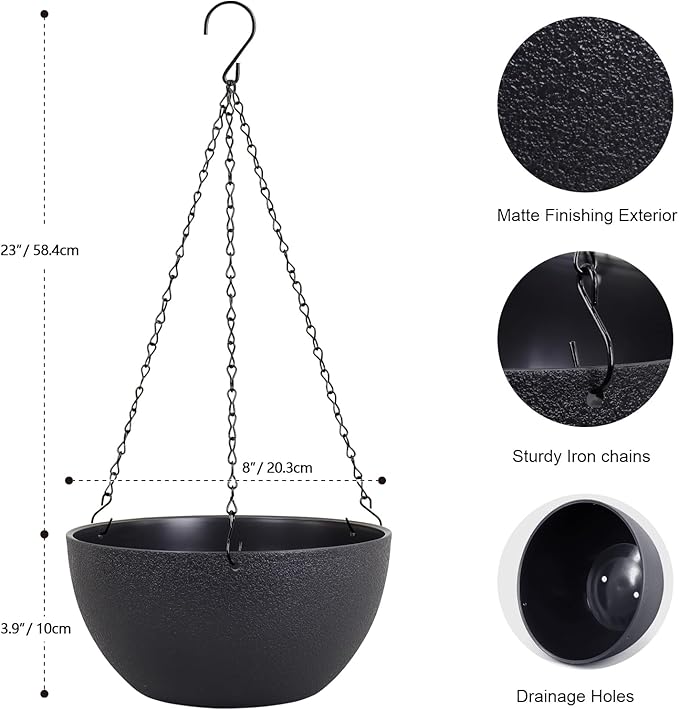 Meowell 8 inch Small Hanging Planters Plant Pots for Indoor Outdoor Plants, 2 Pack Hanging Flower Pots with Drainage Holes and Chain for Garden Porch, Plastic Hanging Baskets for House Plants, Black