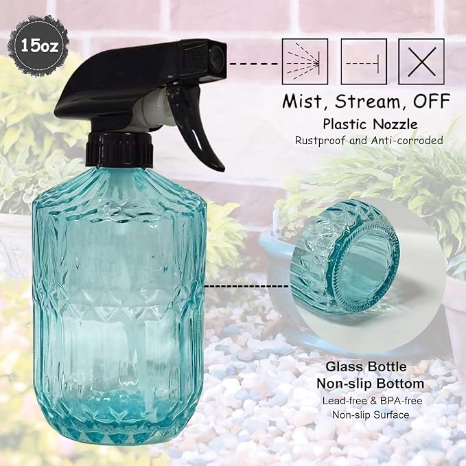 Glass Plant Mister Bottle, 15oz Refillable Water Spray Bottle with Adjustable Mist Nozzle for Indoor Flowers, Outdoor Gardening, Cleaning, Hair and Pets Care (Blue)