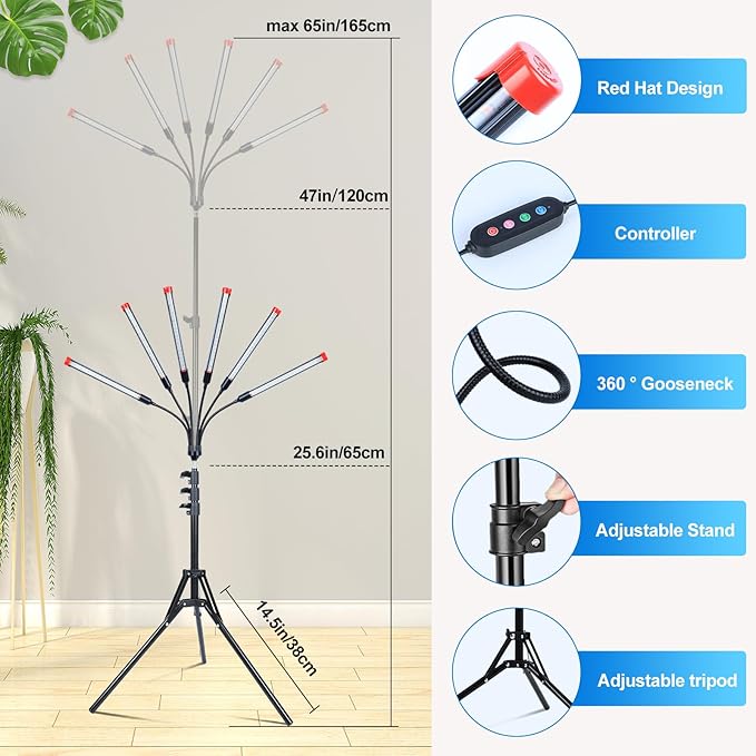 Orchbloom 6-Head Grow Light with Stand and Timer, 54 Watt Power Home Plug LED Grow Lights for Indoor Plants for Tall Houseplants, Bonsai Tree, Seed Starting, 24"-64" Adjustable Height