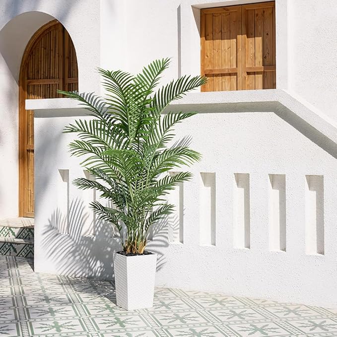 VeriNatural 6FT Artificial Palm Tree - Tall Fake Tree with White Taper Planter & Pebbles, UV Resistant for Indoor & Outdoor Decor - Large Potted Faux Plant for Living Room, Office, Home Decor,VN130
