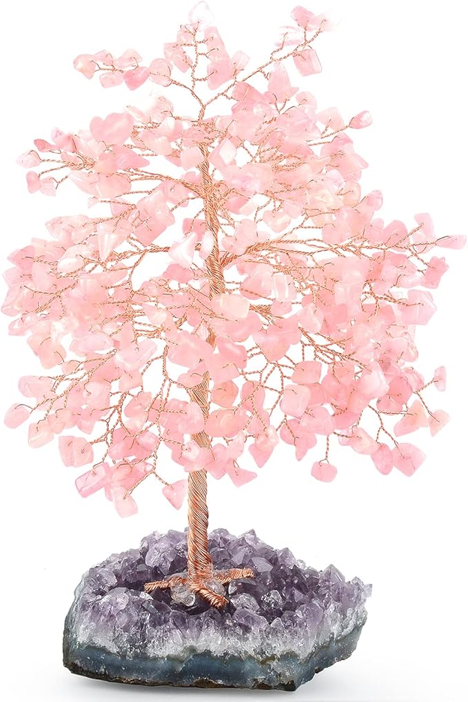 MASGEMES Gemstone Crystal Tree of Life,Natural Rose Quartz(406 Stones Count) with Amethyst Cluster Base,Chakra Positive Energy Feng Shui Decor Bonsai Money Tree,Birthday Gift 8.5''-9''