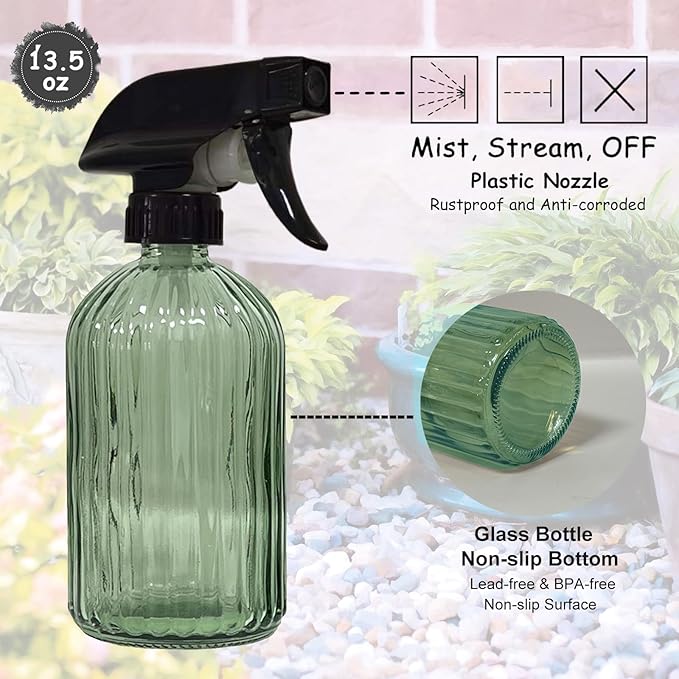 Glass Handheld Spray Bottle, 13.5oz Refillable Water Spray Bottle, Reusable Adjustable Nozzle Plant Mister Spray Bottles Indoor, Plant Mister for Hair, Cleaning, Gardening, Pets Care (Green)