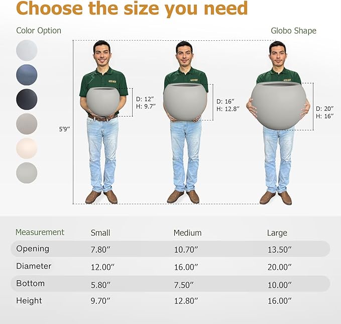 KUTE NEST 16"H x 20"D Globo Fiberstone Round Planter with Drainage Hole, Smooth Finishes, Weather Resistant for Indoor and Outdoor Use, Included 2 Extra Coco Mats (Light French Gray, 13.5 Pot Opening)