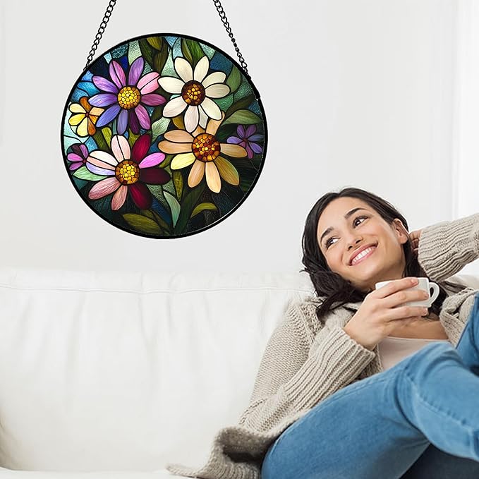 CRICRISGIF Stained Glass Window Hanging - Colorful Daisies Suncatcher for Door Garden Patio Retro Flower Sun Catchers Decor Christmas Mother's Day Birthday Gifts for Women Mom Nana Aunt Friend 9.8 in