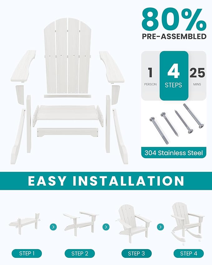SERWALL Outdoor Adirondack Rocking Chairs of 4, All-Weather HDPE Adirondack Rocker Chair, Front Porch Rocker Chairs for Patio Lawn Porch Deck, White