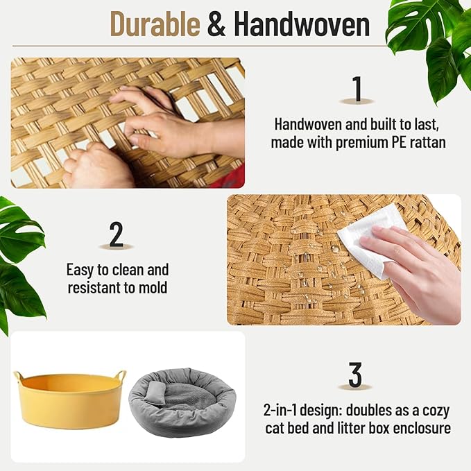 Hidden Cat Litter Box Plant Furniture Enclosure House w/ Faux Plant, Decorative Handwoven Rattan Round Planter Cat Bed for Indoor Cats w/ Odor Control Filter, in Living Room Bedroom Corner Natural