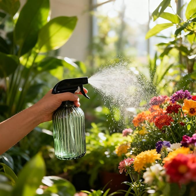 Glass Handheld Spray Bottle, 13.5oz Refillable Water Spray Bottle, Reusable Adjustable Nozzle Plant Mister Spray Bottles Indoor, Plant Mister for Hair, Cleaning, Gardening, Pets Care (Green)
