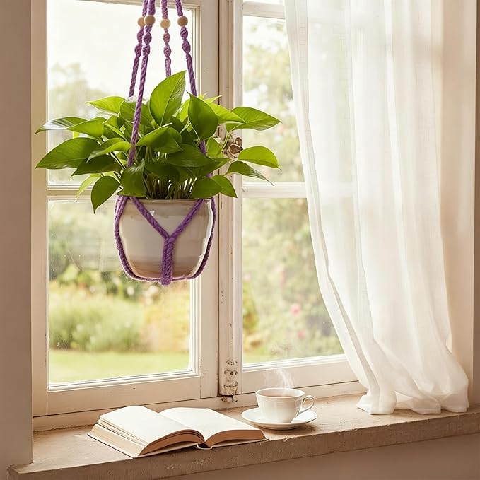 EJGIEGSO Macrame Plant Hanger, Up to 4-15 inch Pots, Wood Beads Cotton Hanging Planter Holder for Indoor Outdoor Boho Home Decor, 35 Inch, Set of 2 (Purple)