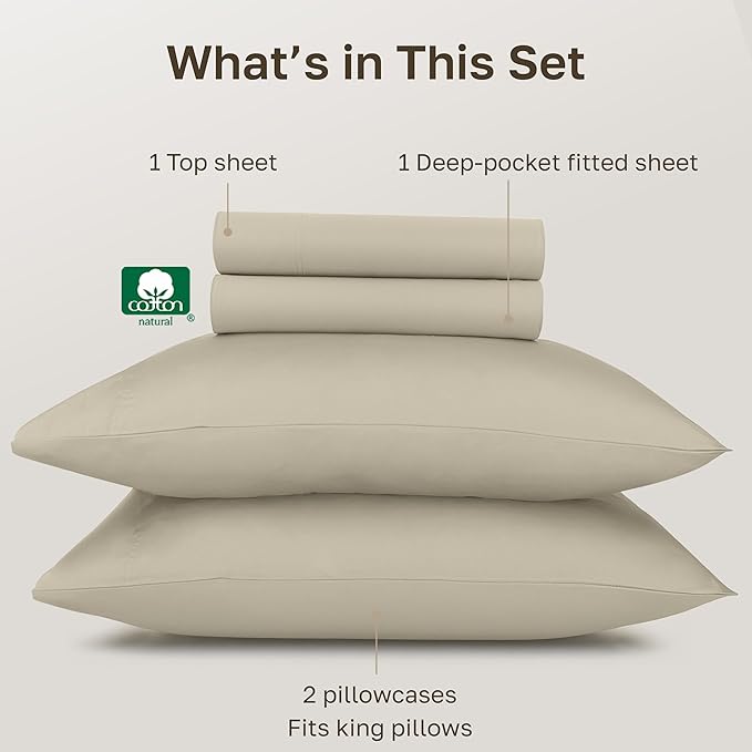 California Design Den 100% Egyptian Cotton Sheets King Size Deep Pocket Set - Certified Authentic Luxury, Soft Sateen, King Sheets Egyptian Cotton - Beige