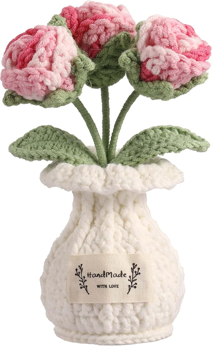 YOOJEE Crochet Rose Flower Potted Plant – Pink, Valentines Day Gift for Her, Handmade Knitted Romantic Desk Decor