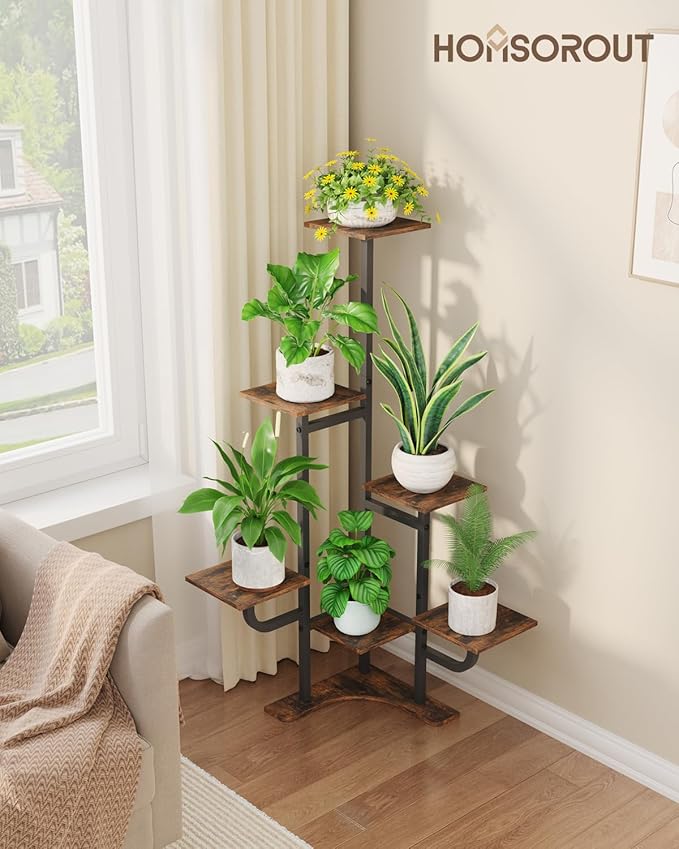 Homsorout Corner Plant Stand Indoor - 6 Tiered Indoor Plant Stand Square Metal Plant Shelf, Plant Organizer for Living Room, Graden, Balcony, Home Decor (Brown)