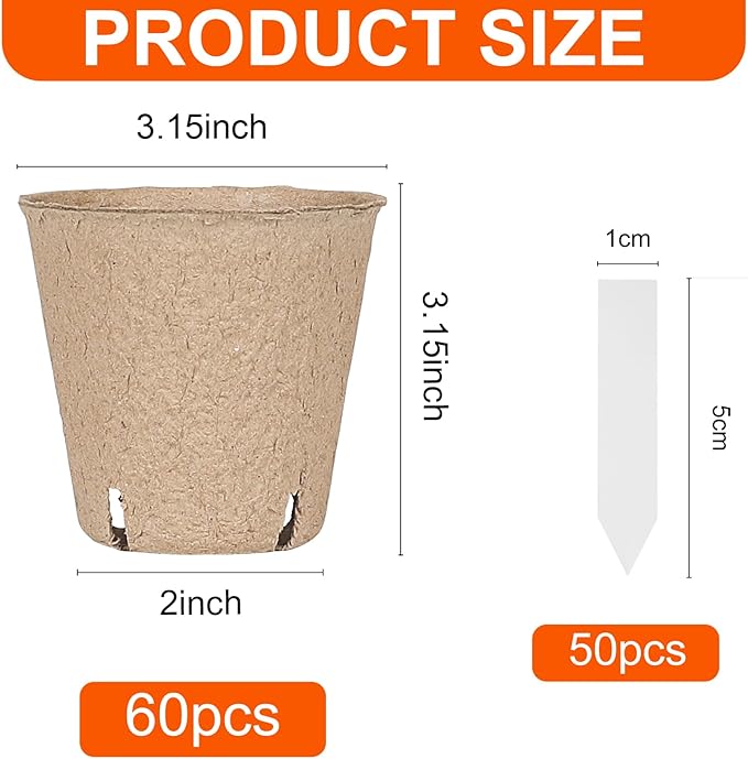 JNYONG 60 Packs 3.15 Inch Peat Pots,Biodegradable Pots for Seedlings with Drainage Holes, Garden Germination Nursery Pots with 50Pcs Plant Labels
