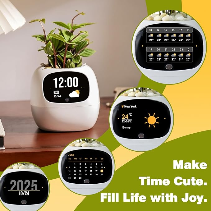 Plantsio AI Smart Pot for Plants with App Control, Self-Watering, Visual Display & 80ml Reservoir, Digital Plant Pot Supports 100+ Plants, Pomodoro Timer, Clock & Calendar,Desk & Office Planter-White