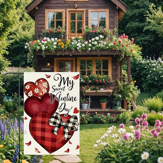 Valentines Day Garden Flag 12x18 Inch Double Sided Small Burlap Featuring Red Hearts and My Sweet Valentine Day Text for Outdoor Decor