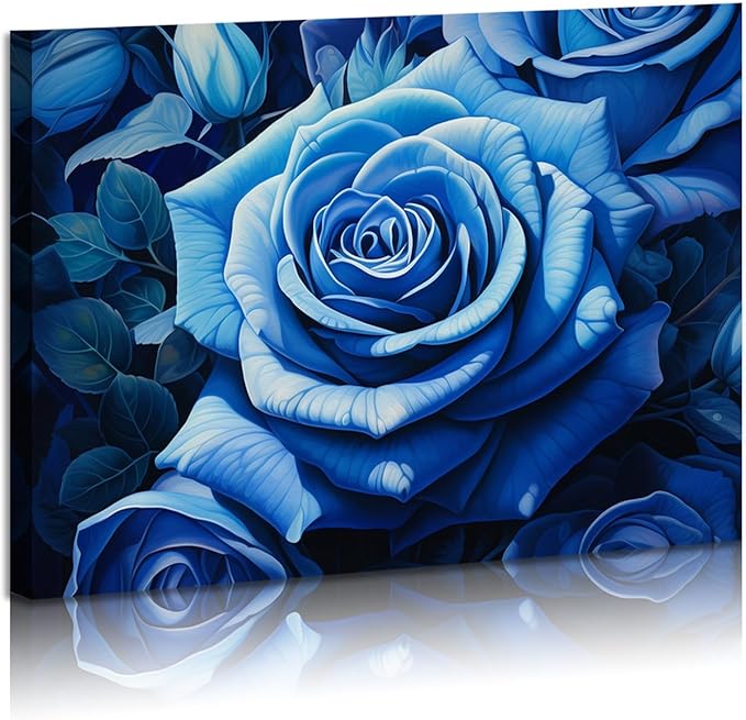 FUNHUA Blue Rose Wall Art - Blue & Black Framed Artwork for Bedroom, Kitchen, Bathroom & Wedding Decor - 12x16inches