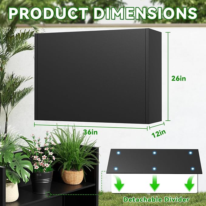POOAMY Metal Planter, 36L x 12W x 26H, Heavy Duty Tall Planters for Outdoor Plants, Black Planters with Removable Insert Shelf, Large Planters with Drainage Holes for Porch, Patio and Yard, Black