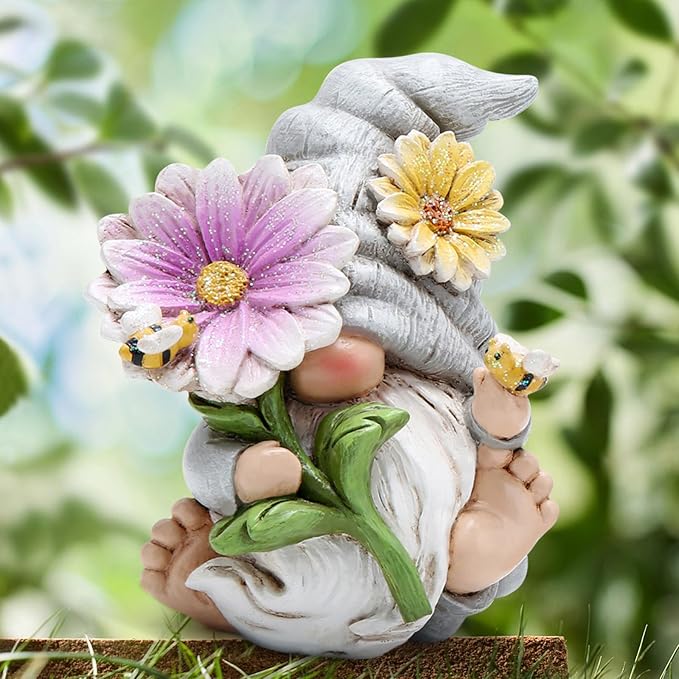 Hodao Spring Gnome Decoration Flower Elf Ornaments Decor Gifts Summer Gnome Figurines Spring Gnoms for Garden Decor Gifts for Outdoor Decor for Mom, Grandma (Grey-Man)