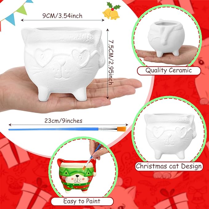 Pasimy 6 Set Ceramics to Paint DIY Ceramic Succulent Planter Pots Paint Your Own Flower Pots Craft Kit Unpainted Bisque Flowerpot with Brush Palette for Family Activity Holiday Gifts(Christmas Cat)