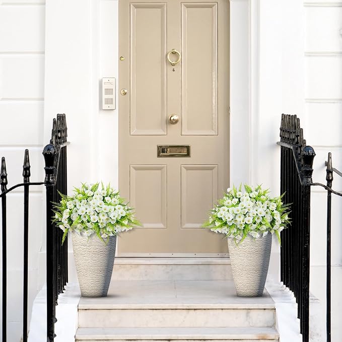 HIAGROW Artificial Flowers Outdoors 12 Bundles White Artificial Petunias Fake Flowers UV Resistant Shrubs Plants with Fern for Indoor Outside Hanging Planters Home Garden Summer Decorations