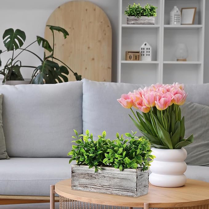 Lyrow 4 Pack Artificial Eucalyptus Plant in Rectangular Rustic Wooden Planter Box Faux Potted Herb Plant Table Centerpiece for Kitchen Windowsill Shelf Decor (White,11.4 '')