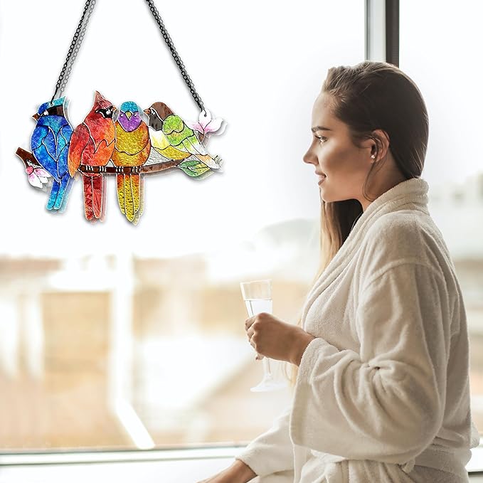 DASTOLL Stained Glass Window Hanging - Birds on A Branch Suncatcher for Window Doors Home Decoration, Valentine's Day Mother's Day Birthday Bird Lover Gifts for Women, Men, and Mom Grandma