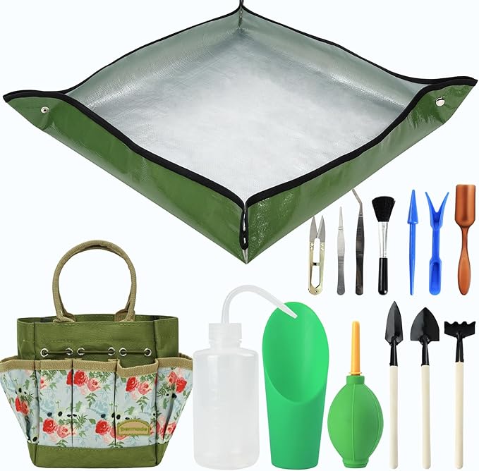 Permade Succulent Tools Kit with Organizer Bag- 13Pcs Indoor Gardening Tools |Mini Succulent Hand Tools with Tote, Succulent Transplanting Supplies, Present for Gardeners Plant Care (Rose)