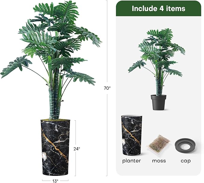 Artificial Tree in Modern Granite Effect Planter, Fake Philodendron Tree Silk Trees for Indoor and Outdoor Home Decoration - 70" Overall Tall (Plant Pot Plus Tree)