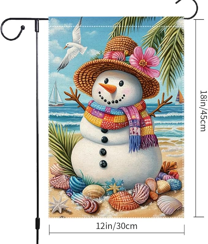 Tropical Christmas Snowman Garden Flag 12x18 Inch Double Sided Burlap Beach Holiday Yard Decor Summer Santa Outdoor Winter House Banner for Patio Porch Lawn Seaside