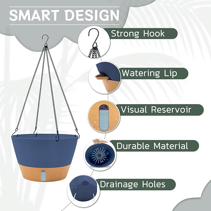 ZMTECH 12 Inch Hanging Planters for Indoor, Large Hanging Plant Pot with Visible Water Level and Chain, Self Watering Hanging Flower Pot for Outdoor Garden Porch(Blue)