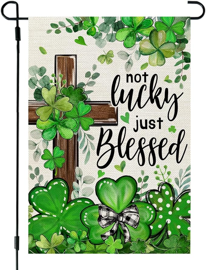 CROWNED BEAUTY St Patricks Day Garden Flag Shamrocks Clover Cross Blessed 12x18 Inch Double Sided Green Holiday Decoration for Outdoor Lawn Yard CF1931-12