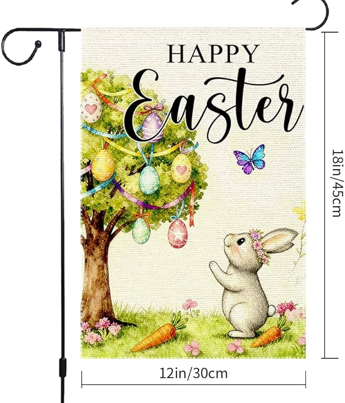 Happy Easter Garden Flag 12x18 Inch Double Sided Burlap Easter Watercolor Egg Tree Bunny Carrots Butterfly Outdoor Decor for Yard Patio Spring Easter Decor