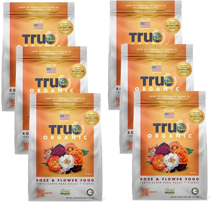 True Organic Rose & Flower Food – Organic Fertilizer for Stunning Blooms – 4lb Bag Covers 70 Sq. Ft.- Case of 6