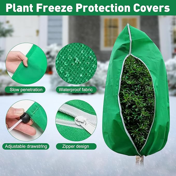 4 Pack Winter Plant Covers Freeze Protection, 47 "x 31" Thickened Frost Blankets for Outdoor Plants, Fruit Trees, Shrubs & Potted Plants | Reusable Cloth Plant Covers Jacket with Drawstring-Green