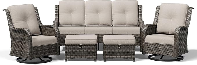Joyside 5 Piece Wicker Patio Furniture Set, Outdoor Swivel Rocker Patio Chairs with High Back, Deep Seating, Wide Armrest, Thickened Cushions, Outdoor Furniture for Deck, Porch Use